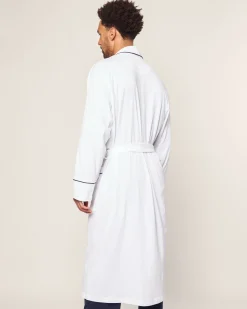 Petite Plume Men's Pima Robe in White with Navy Piping
