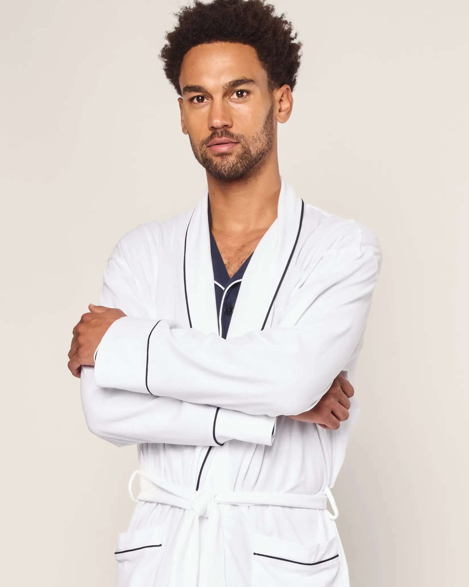 Petite Plume Men's Pima Robe in White with Navy Piping