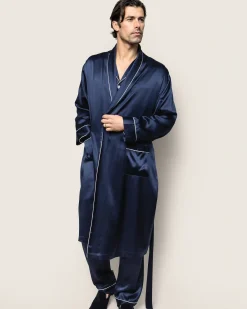 Petite Plume Men's Silk Long Robe in Navy