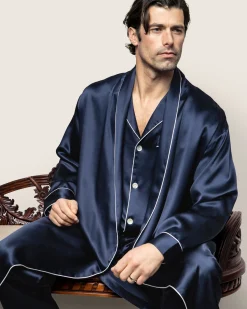 Petite Plume Men's Silk Long Robe in Navy