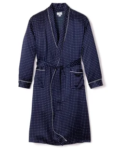 Petite Plume Men's Silk Long Robe in Navy Polka Dot