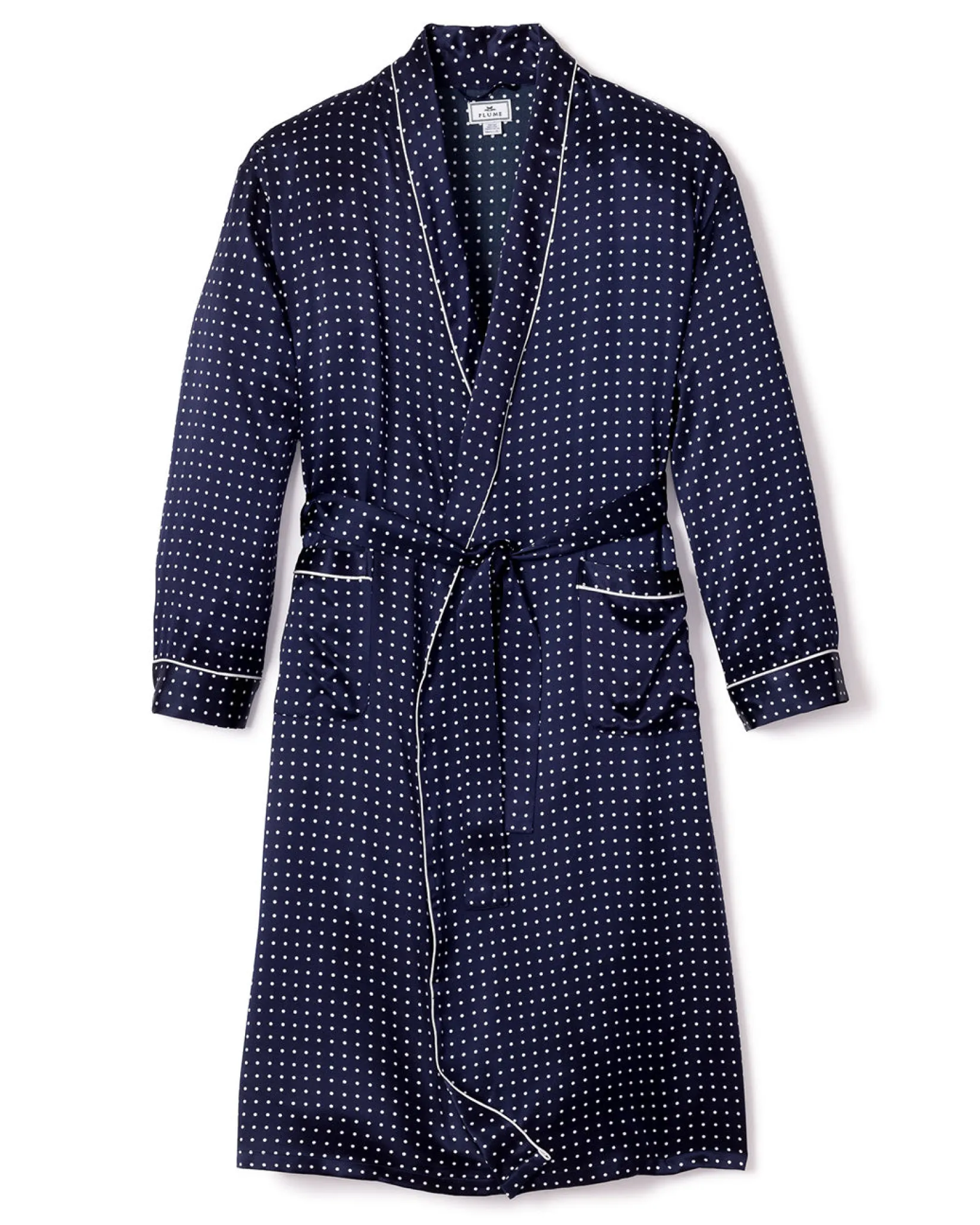 Petite Plume Men's Silk Long Robe in Navy Polka Dot