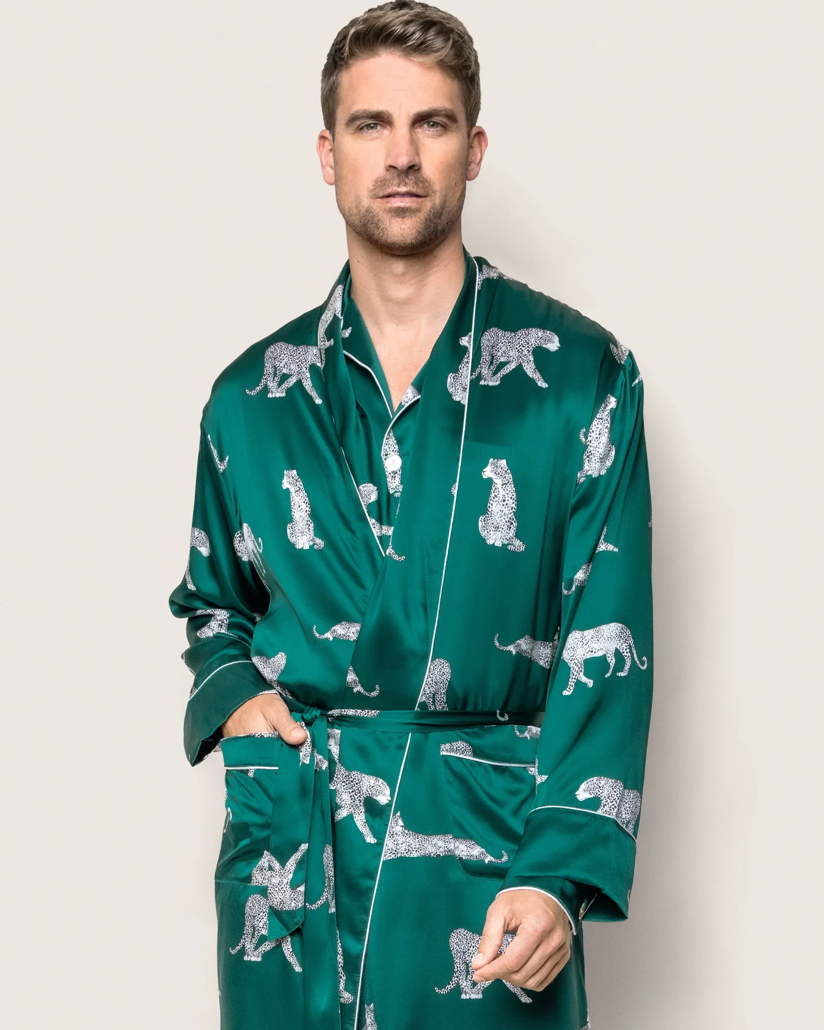 Petite Plume Men's Silk Long Robe in Panthère de Luxe
