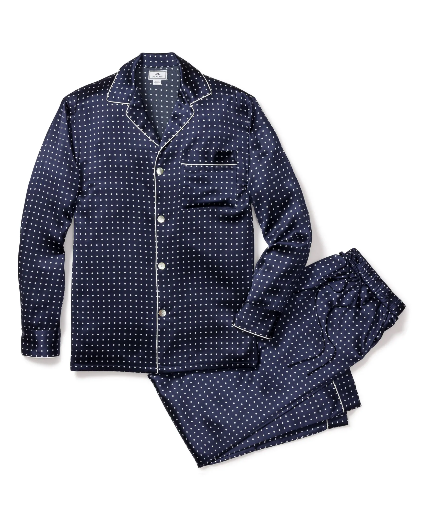 Petite Plume Men's Silk Pajama Set in Navy Polka Dot