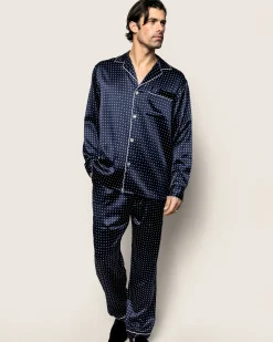 Petite Plume Men's Silk Pajama Set in Navy Polka Dot