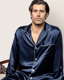 Petite Plume Men's Silk Pajama Set in Navy