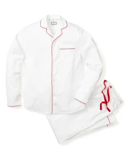 Petite Plume Men's Twill Pajama Set in White with Red Piping
