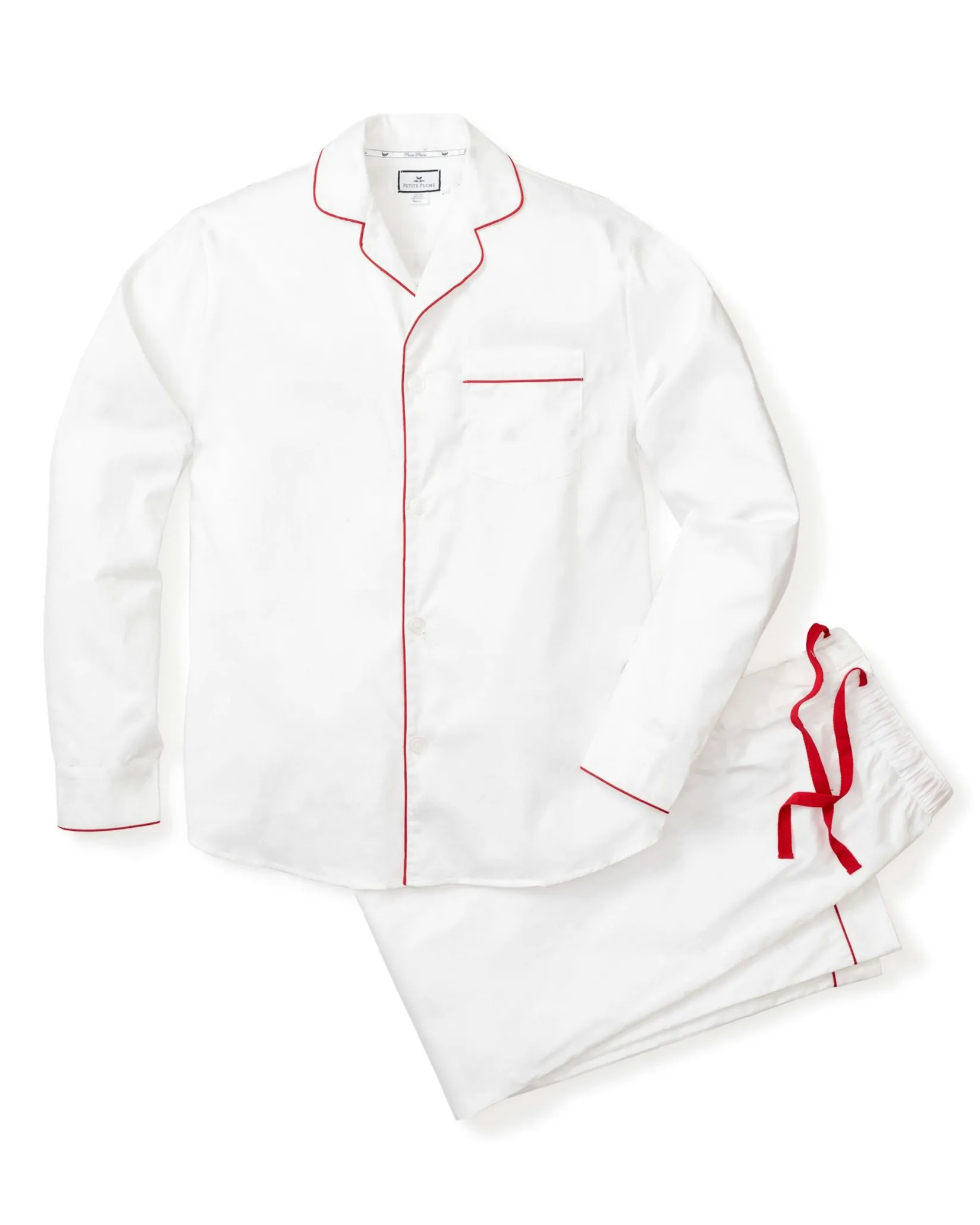 Petite Plume Men's Twill Pajama Set in White with Red Piping