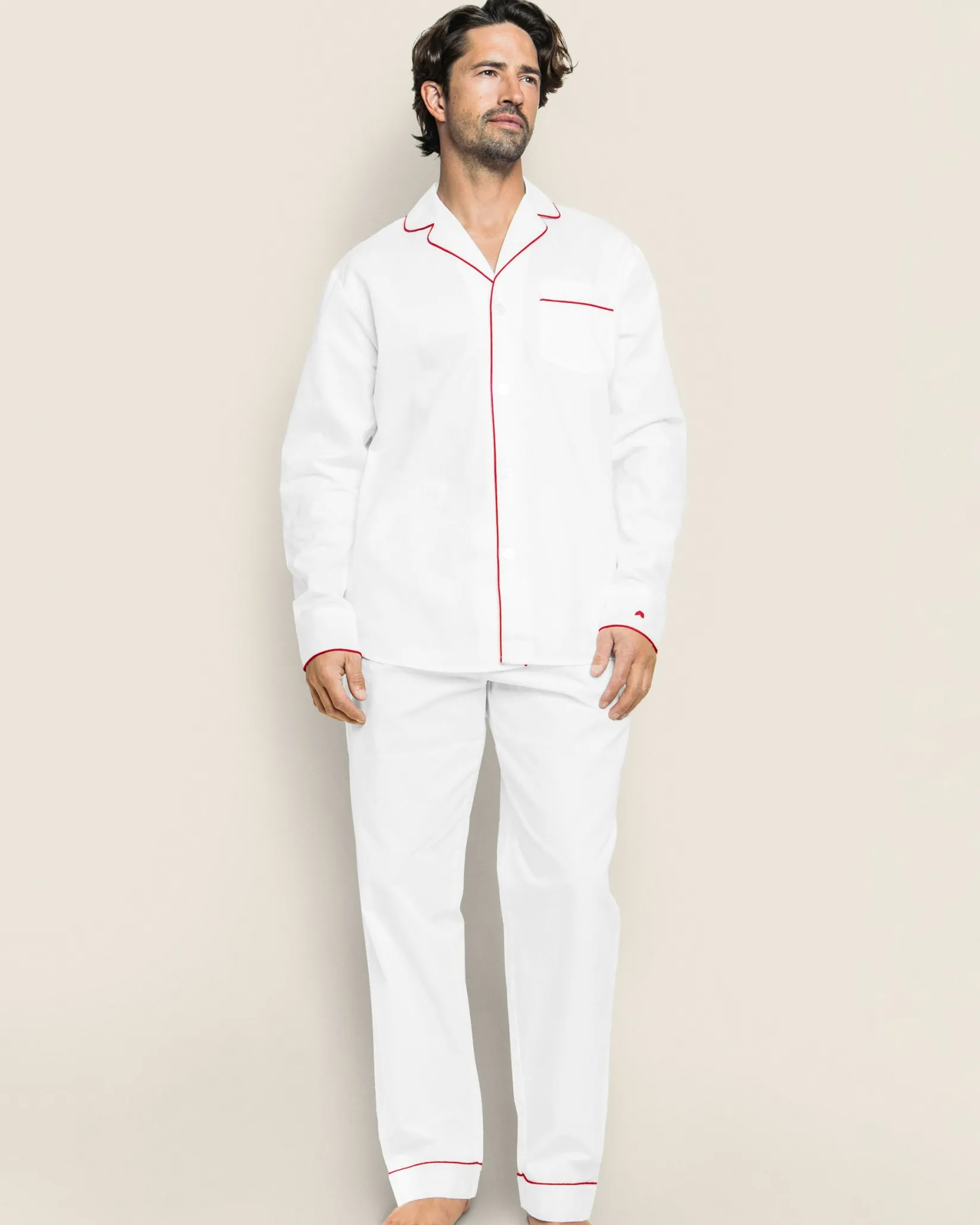 Petite Plume Men's Twill Pajama Set in White with Red Piping