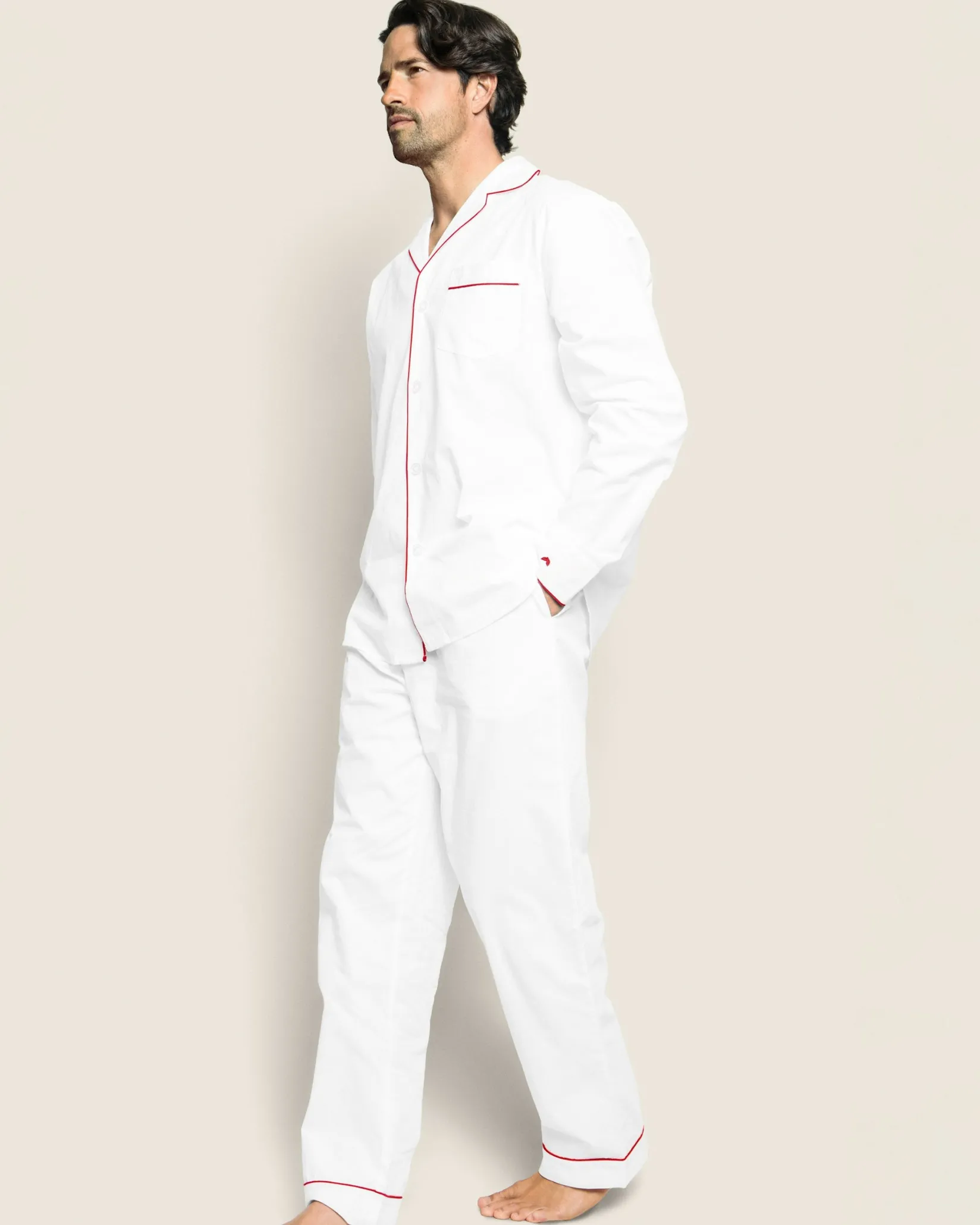 Petite Plume Men's Twill Pajama Set in White with Red Piping