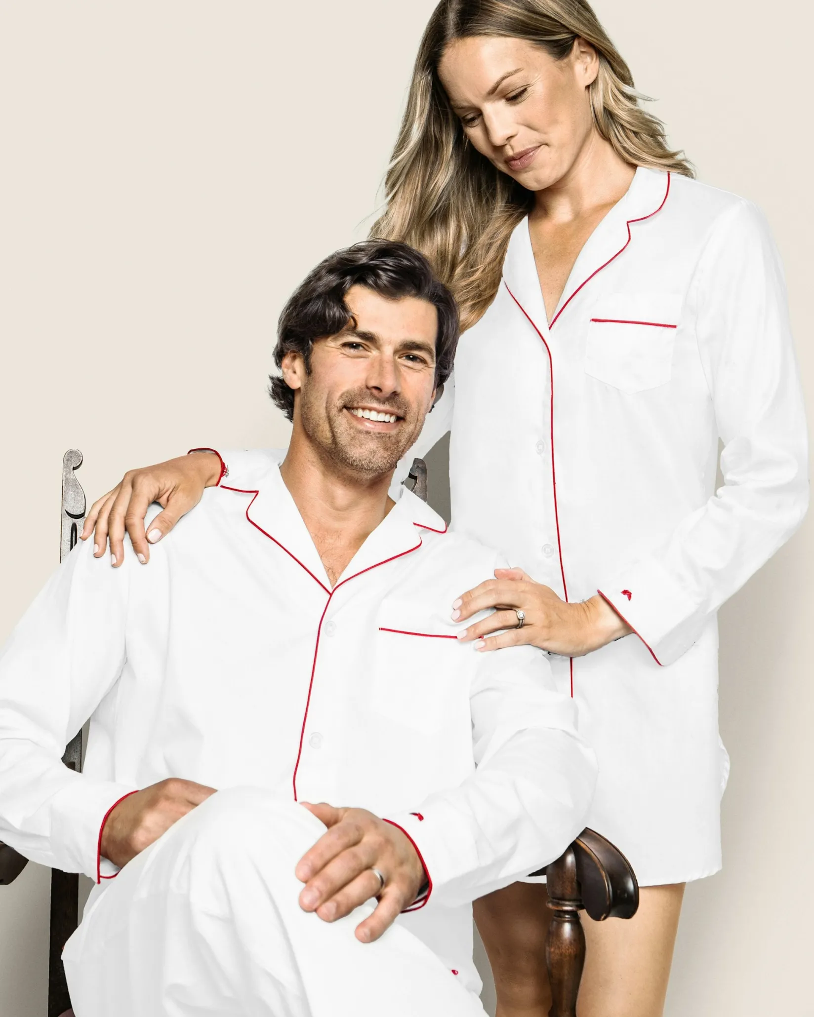 Petite Plume Men's Twill Pajama Set in White with Red Piping