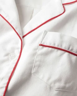 Petite Plume Men's Twill Pajama Set in White with Red Piping