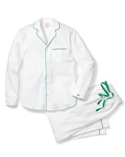 Petite Plume Men's Twill Pajama Set in White with Red Piping