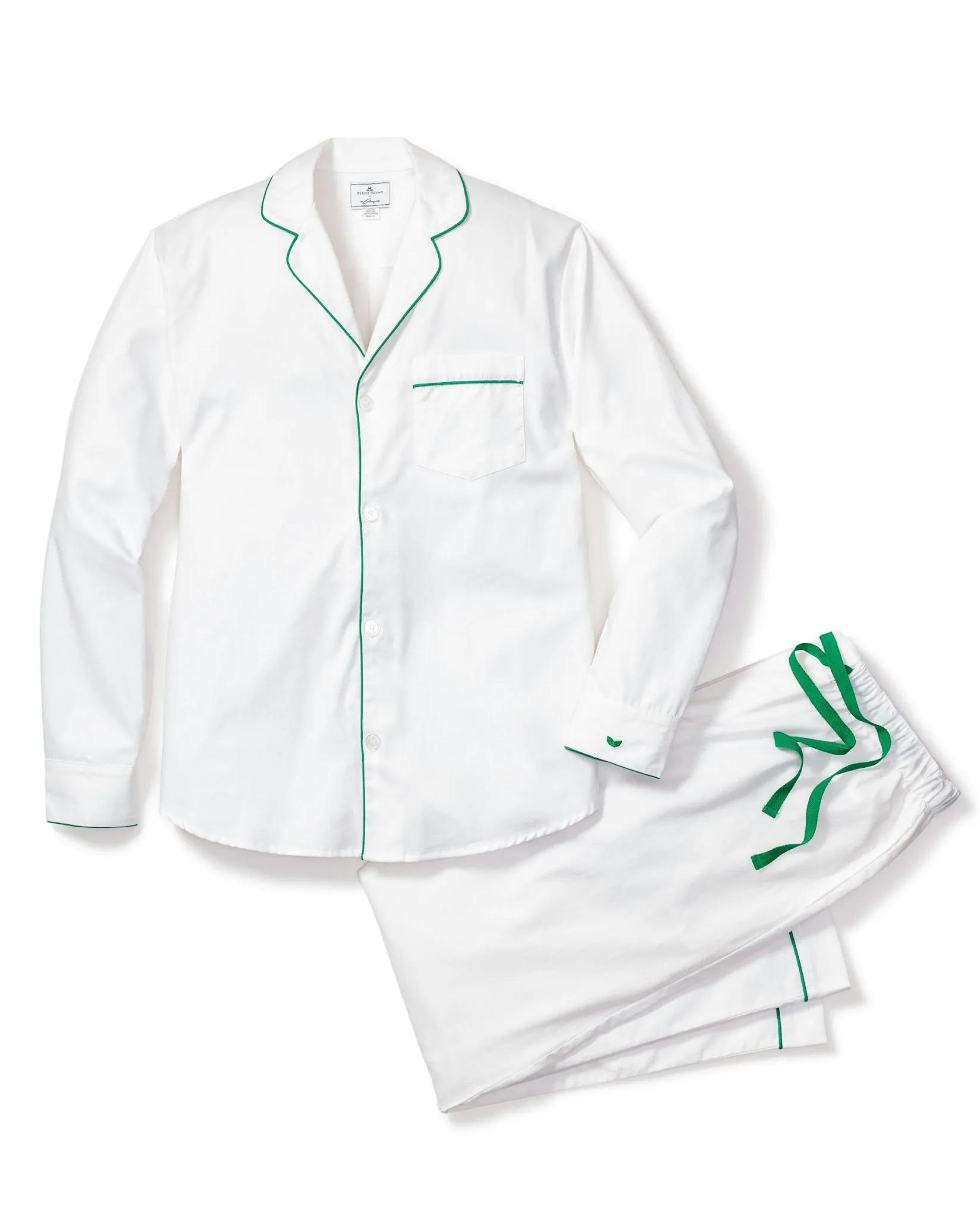 Petite Plume Men's Twill Pajama Set in White with Red Piping