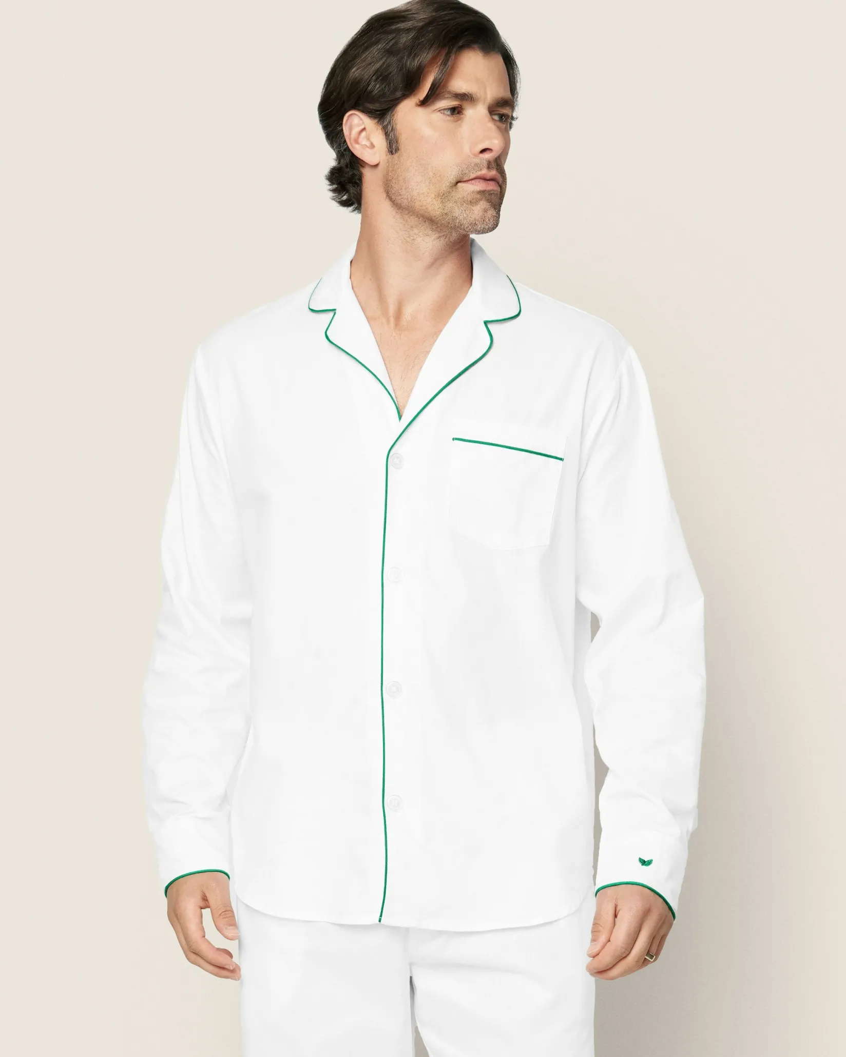 Petite Plume Men's Twill Pajama Set in White with Red Piping