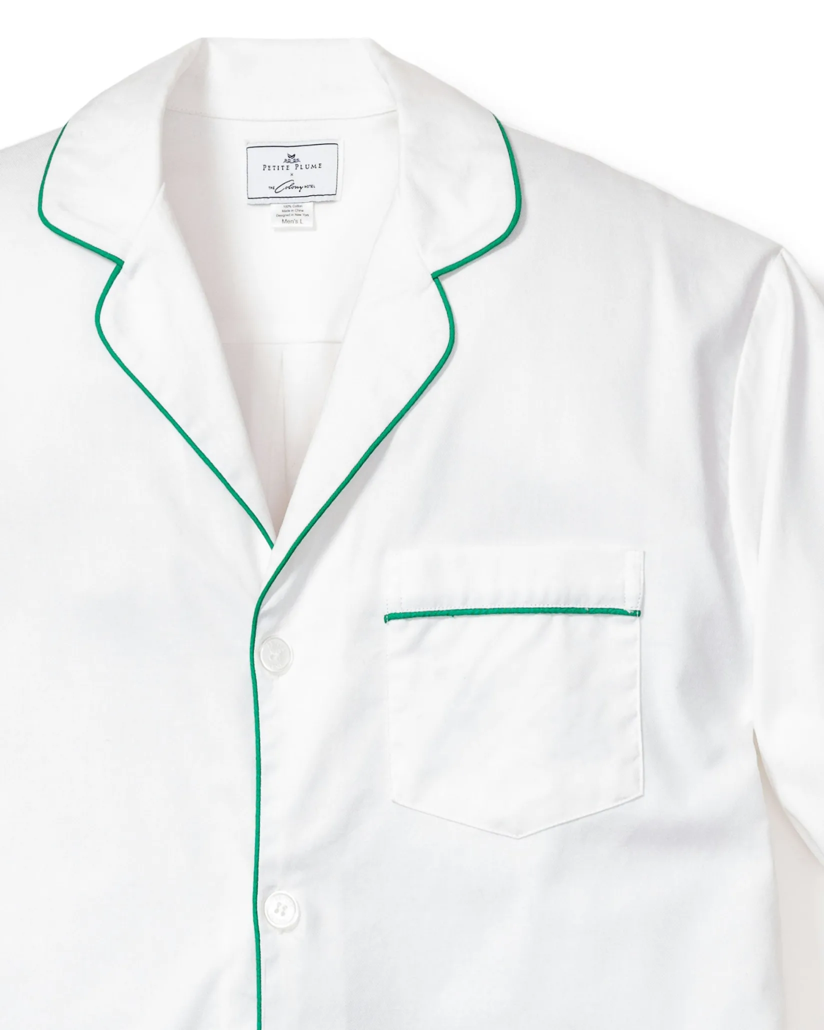 Petite Plume Men's Twill Pajama Set in White with Red Piping