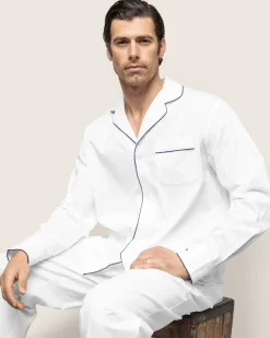 Petite Plume Men's Twill Pajama Set in White with Red Piping