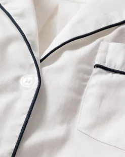 Petite Plume Men's Twill Pajama Set in White with Navy Piping
