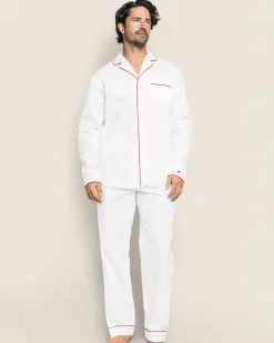 Petite Plume Men's Twill Pajama Set in White with Navy Piping