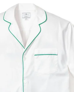 Petite Plume Men's Twill Pajama Set in White with Green Piping