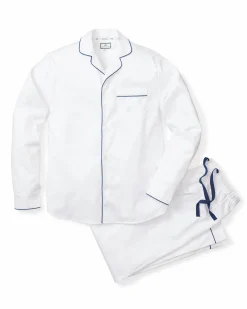 Petite Plume Men's Twill Pajama Set in White with Green Piping