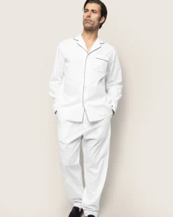 Petite Plume Men's Twill Pajama Set in White with Green Piping