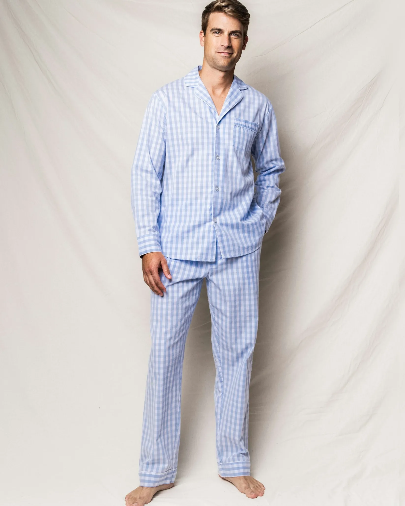 Petite Plume Men's Twill Pajama Set in Light Blue Gingham