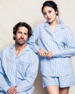 Petite Plume Men's Twill Pajama Set in Light Blue Gingham