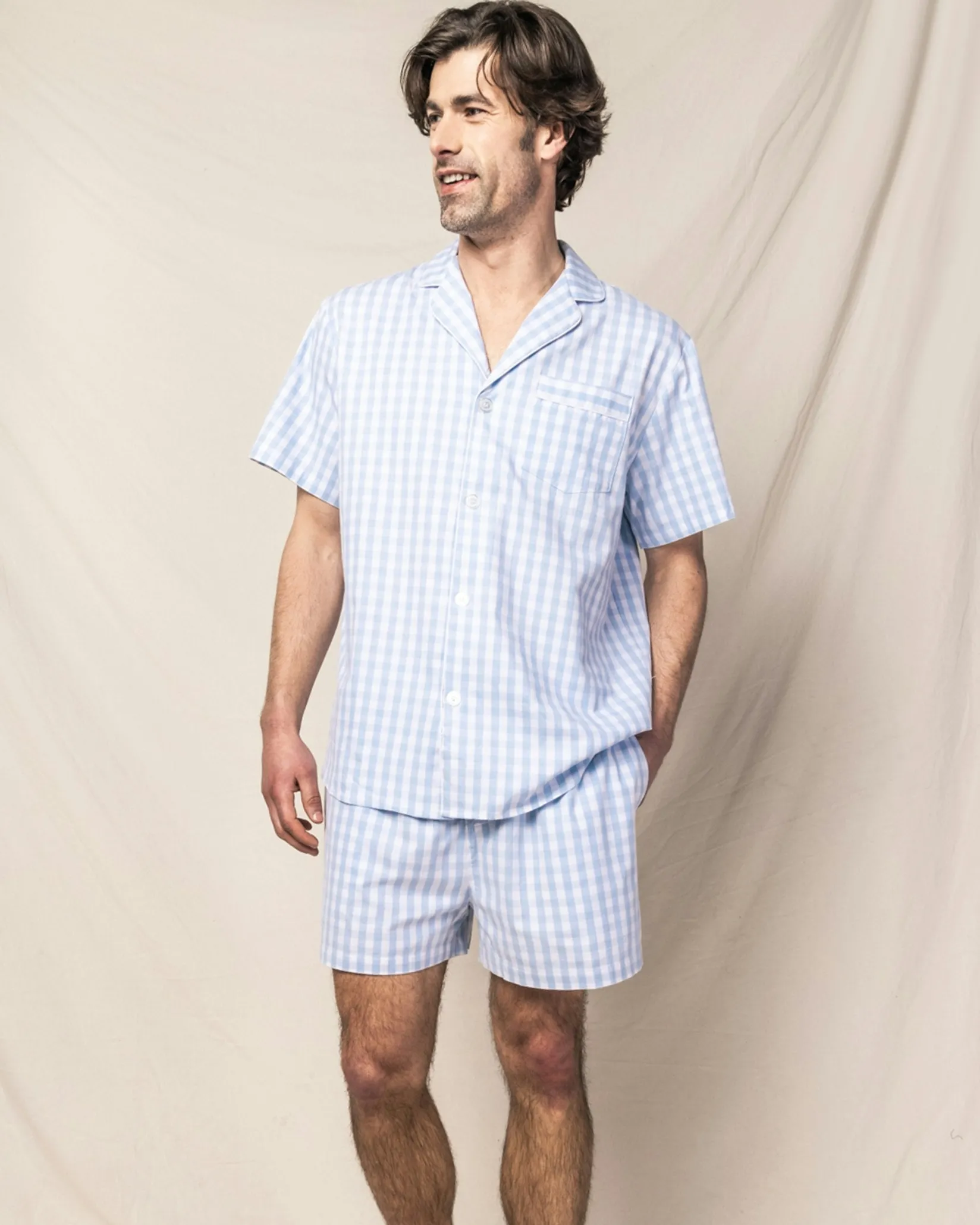 Petite Plume Men's Twill Pajama Short Set in Light Blue Gingham
