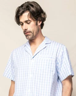 Petite Plume Men's Twill Pajama Short Set in Light Blue Gingham