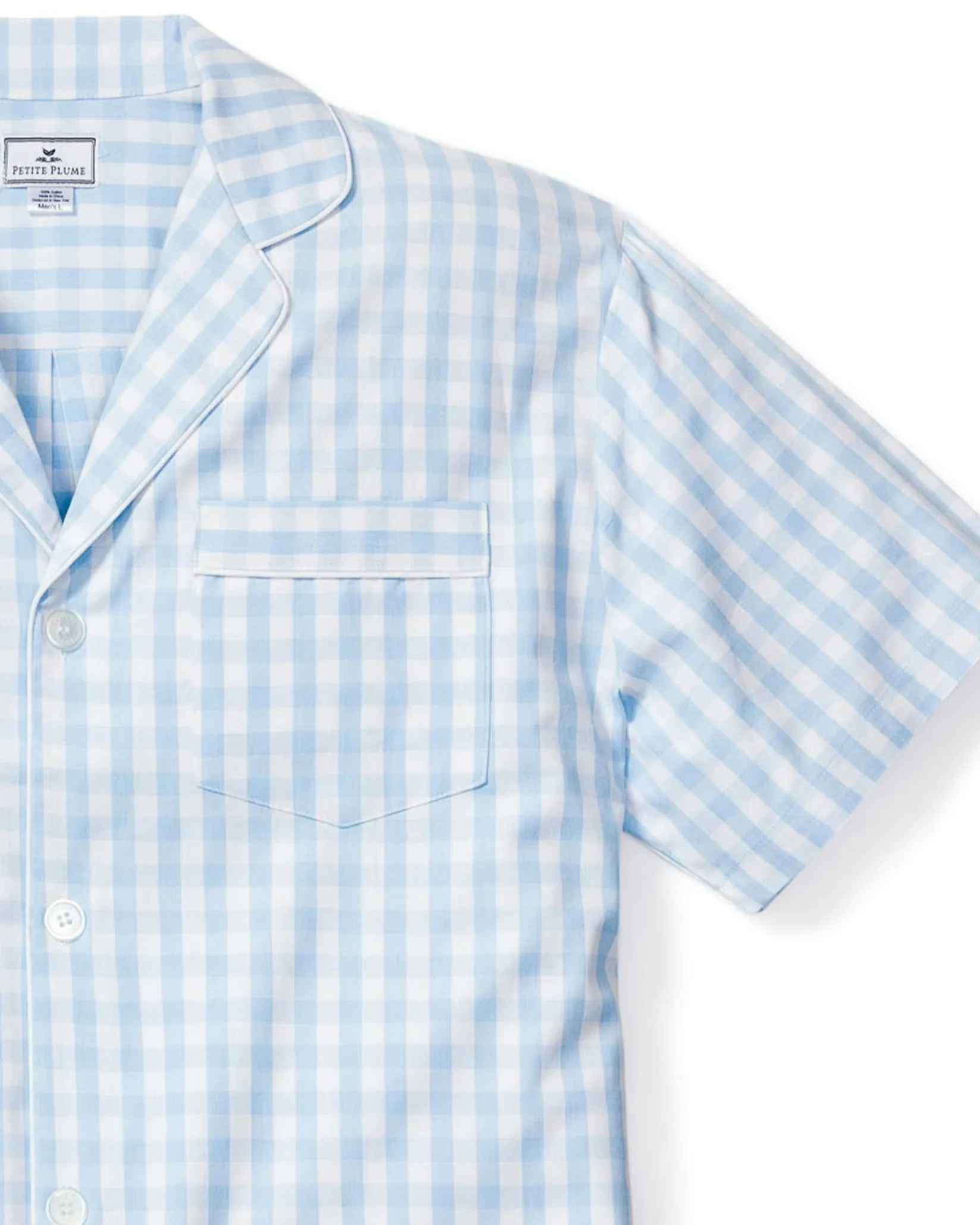 Petite Plume Men's Twill Pajama Short Set in Light Blue Gingham
