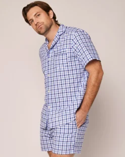 Petite Plume Men's Twill Pajama Short Set in Light Blue Gingham