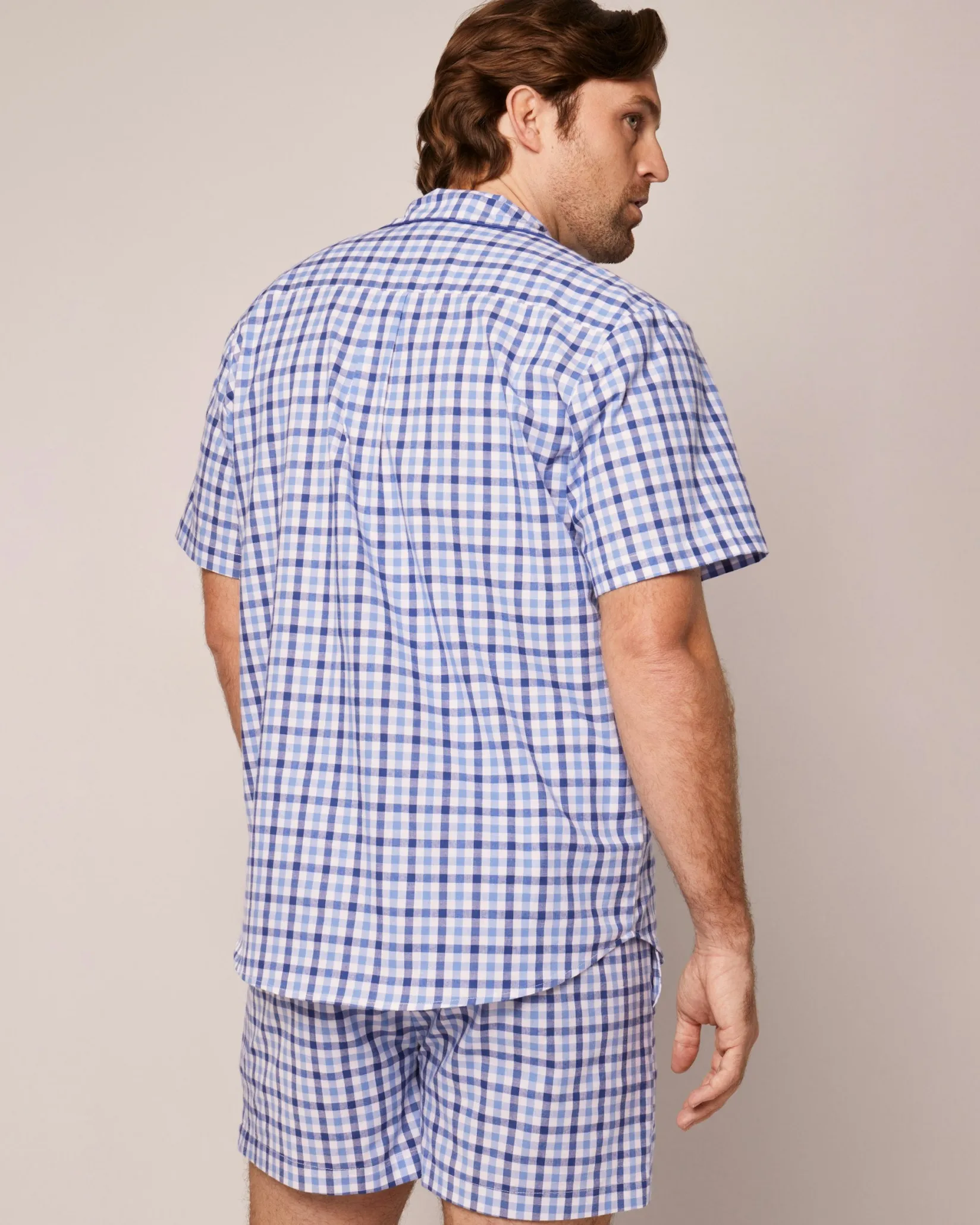 Petite Plume Men's Twill Pajama Short Set in Light Blue Gingham