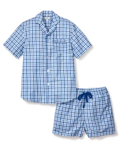 Petite Plume Men's Twill Pajama Short Set in Royal Blue Gingham