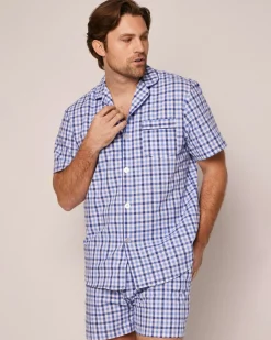 Petite Plume Men's Twill Pajama Short Set in Royal Blue Gingham