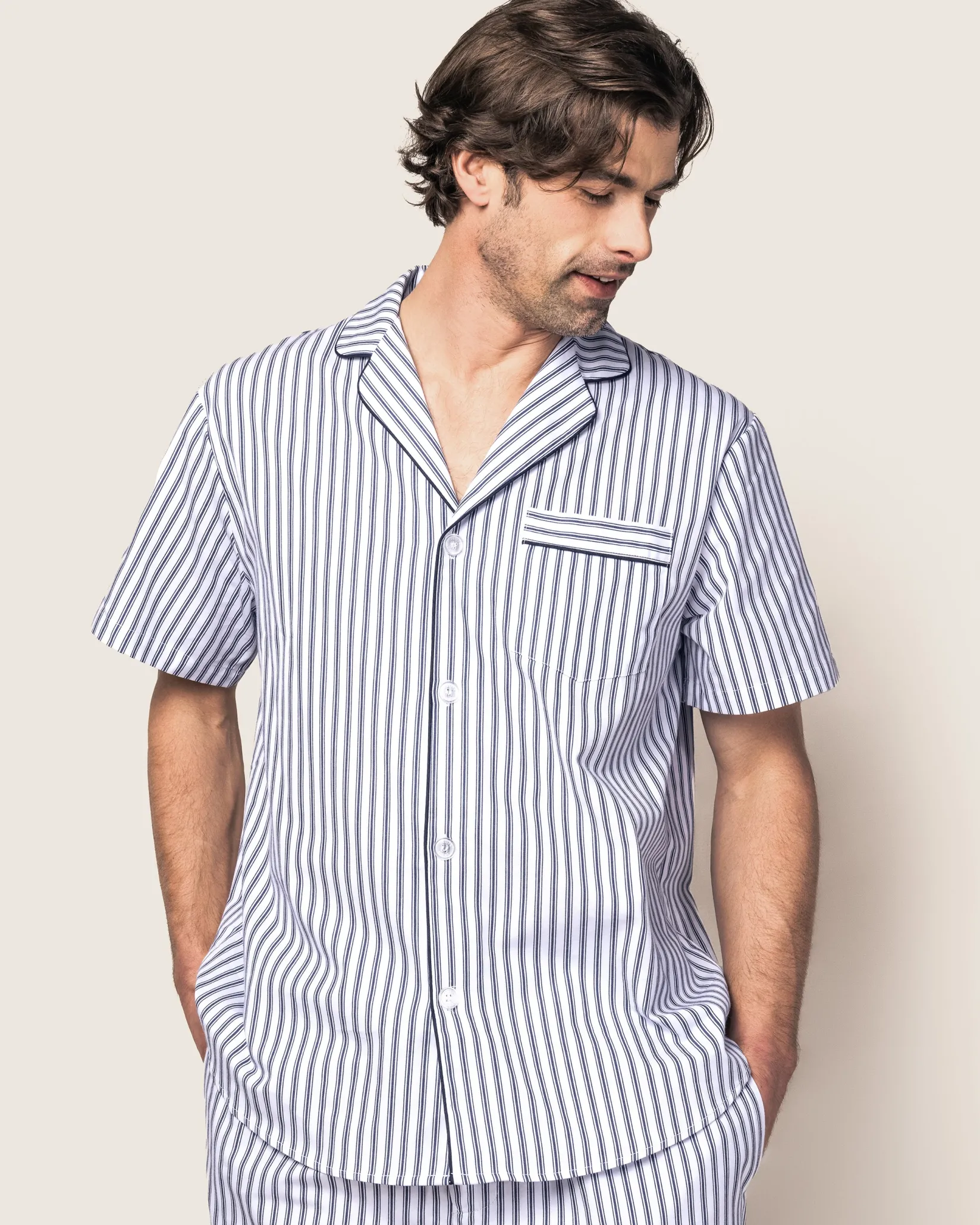 Petite Plume Men's Twill Pajama Short Set in Navy French Ticking