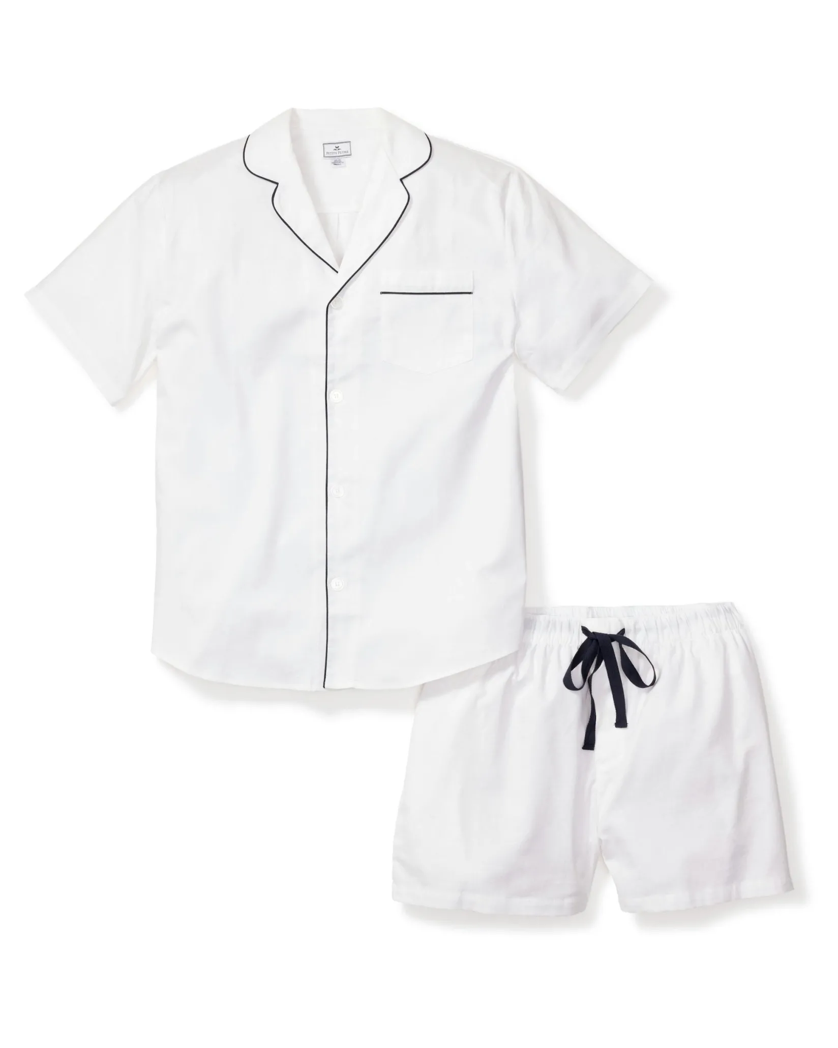 Petite Plume Men's Twill Pajama Short Set in White with Navy Piping