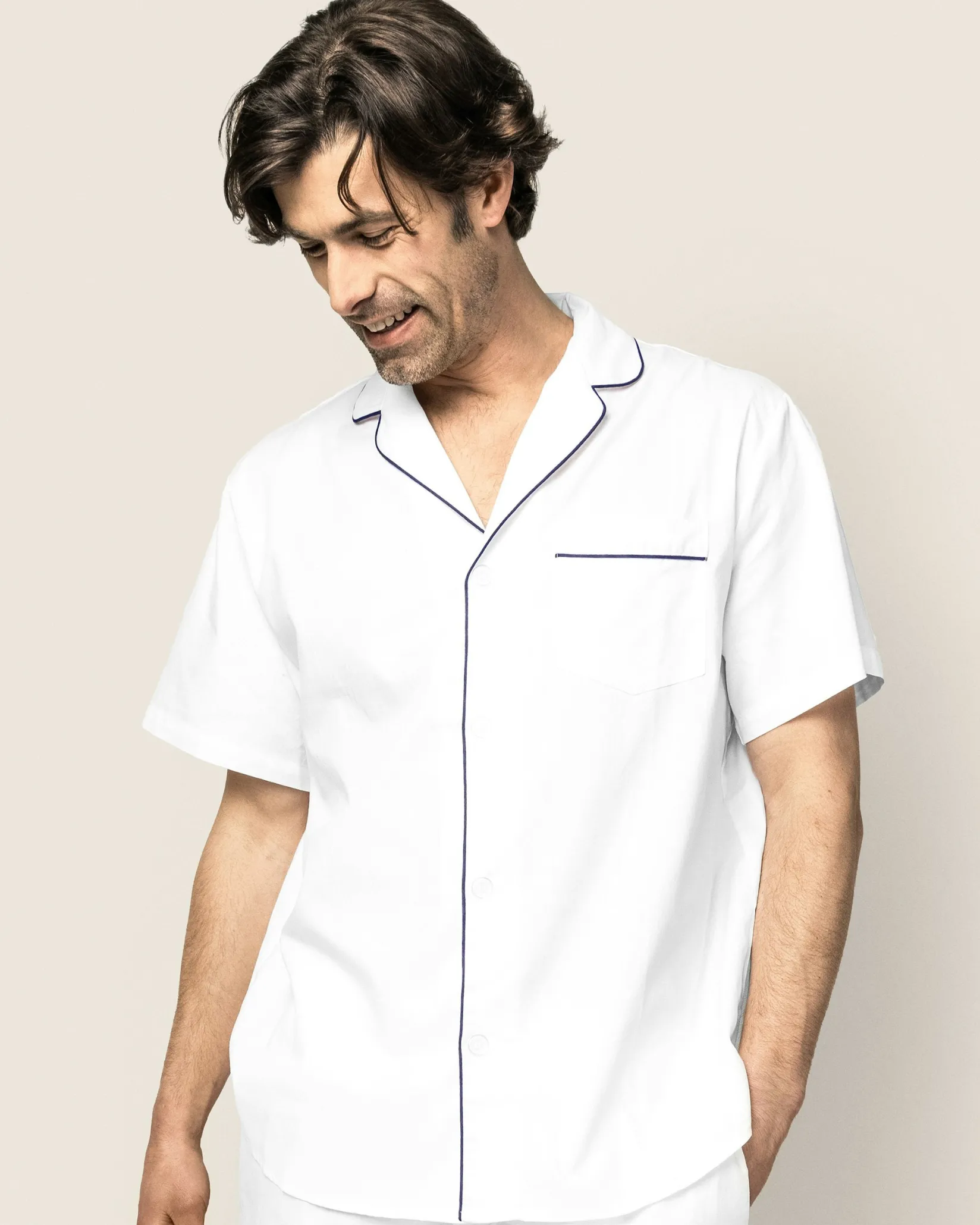 Petite Plume Men's Twill Pajama Short Set in White with Navy Piping