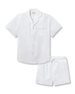 Petite Plume Men's Twill Pajama Short Set in White with Navy Piping