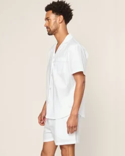 Petite Plume Men's Twill Pajama Short Set in White with Navy Piping