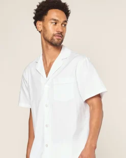 Petite Plume Men's Twill Pajama Short Set in White with Navy Piping
