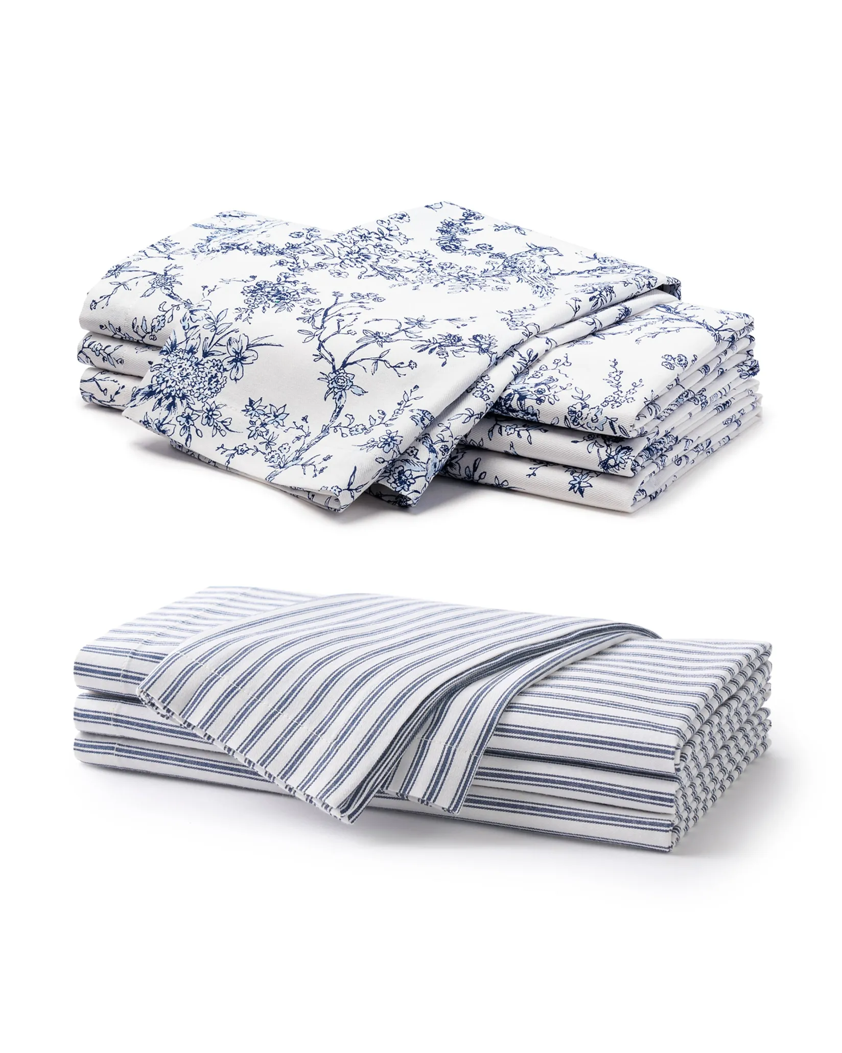 Petite Plume Signature Twill Napkin Set in Navy French Ticking & Timeless Toile