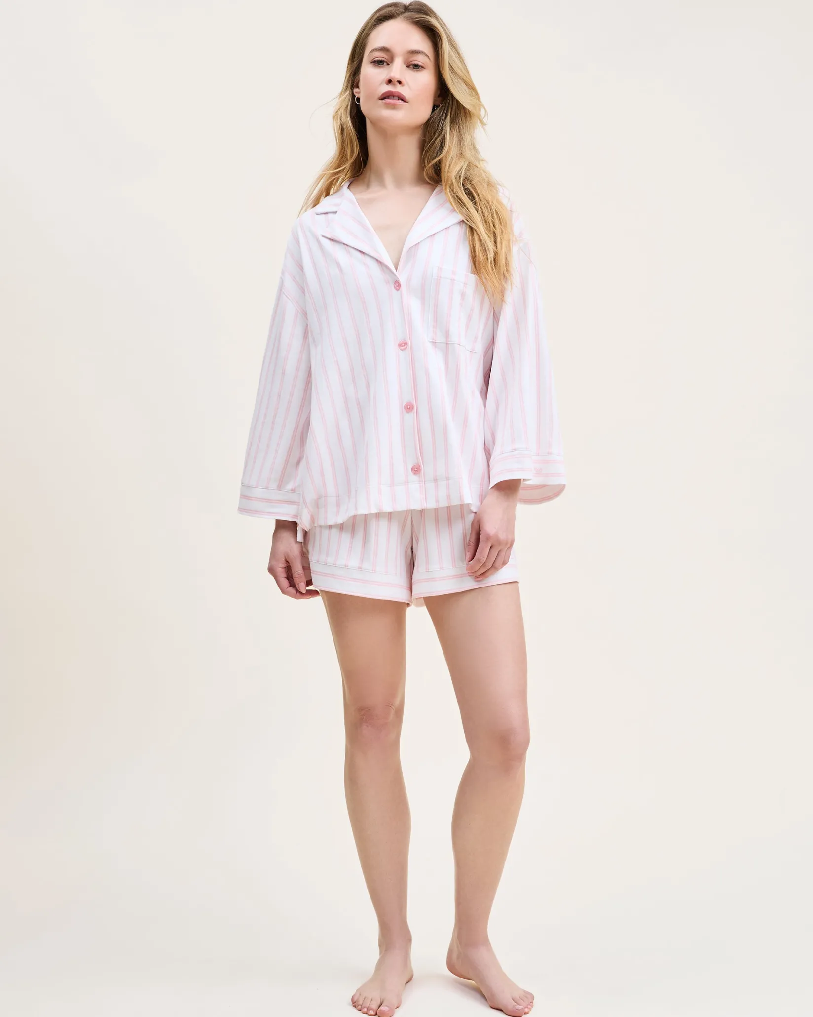 Women Petite Plume The Olivia Pima Short Set in Pink Stripe