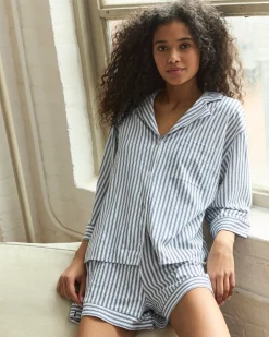 Women Petite Plume The Olivia Pima Short Set in Navy French Ticking