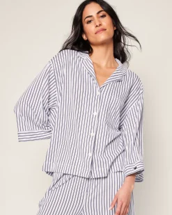 Women Petite Plume The Olivia Wide Leg Pima Pajama Set in Navy French Ticking