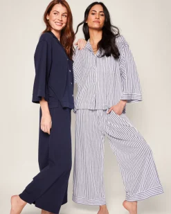 Women Petite Plume The Olivia Wide Leg Pima Pajama Set in Navy French Ticking