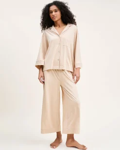 Women Petite Plume The Olivia Wide Leg Pima Pajama Set in Camel