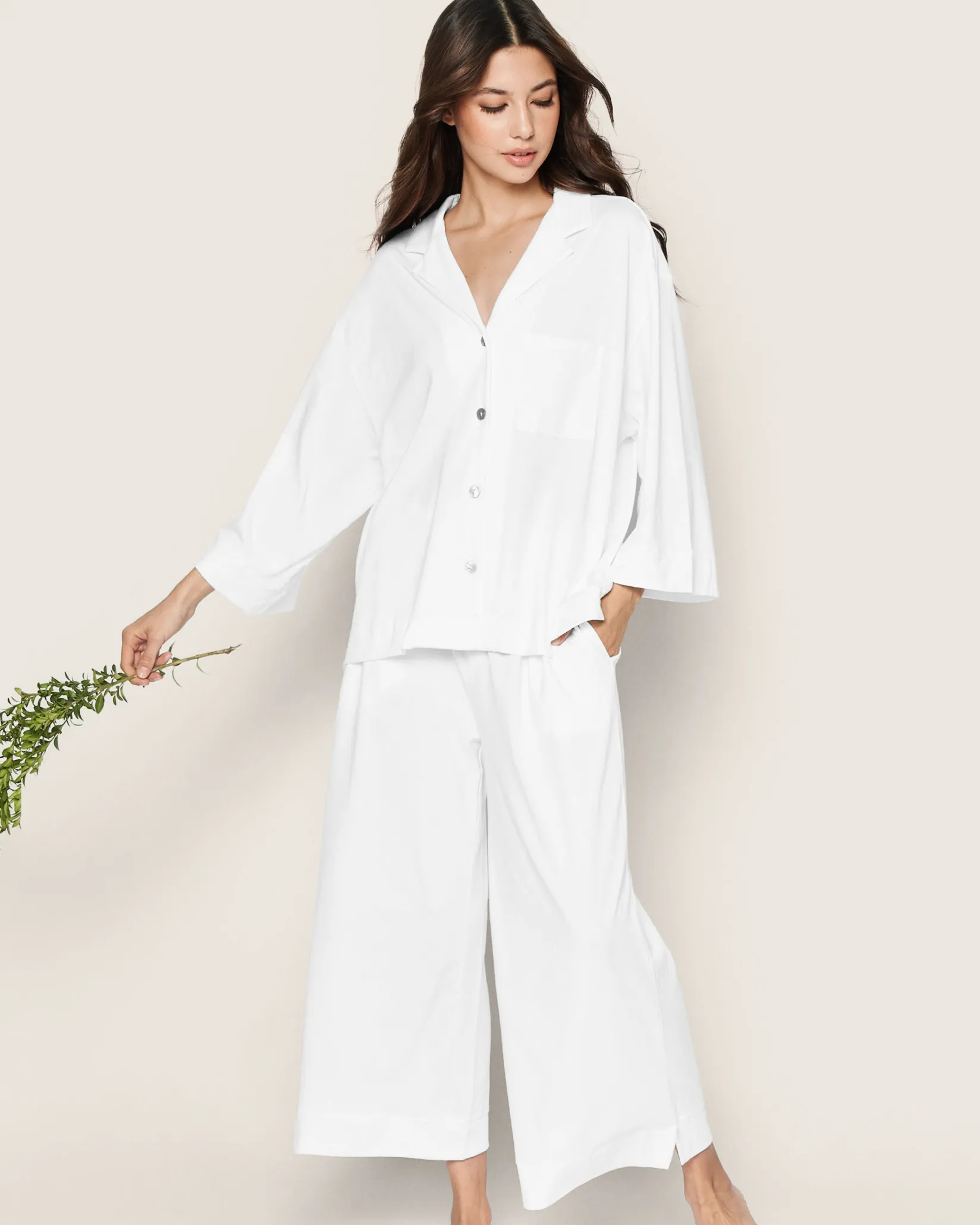 Women Petite Plume The Olivia Wide Leg Pima Pajama Set in White