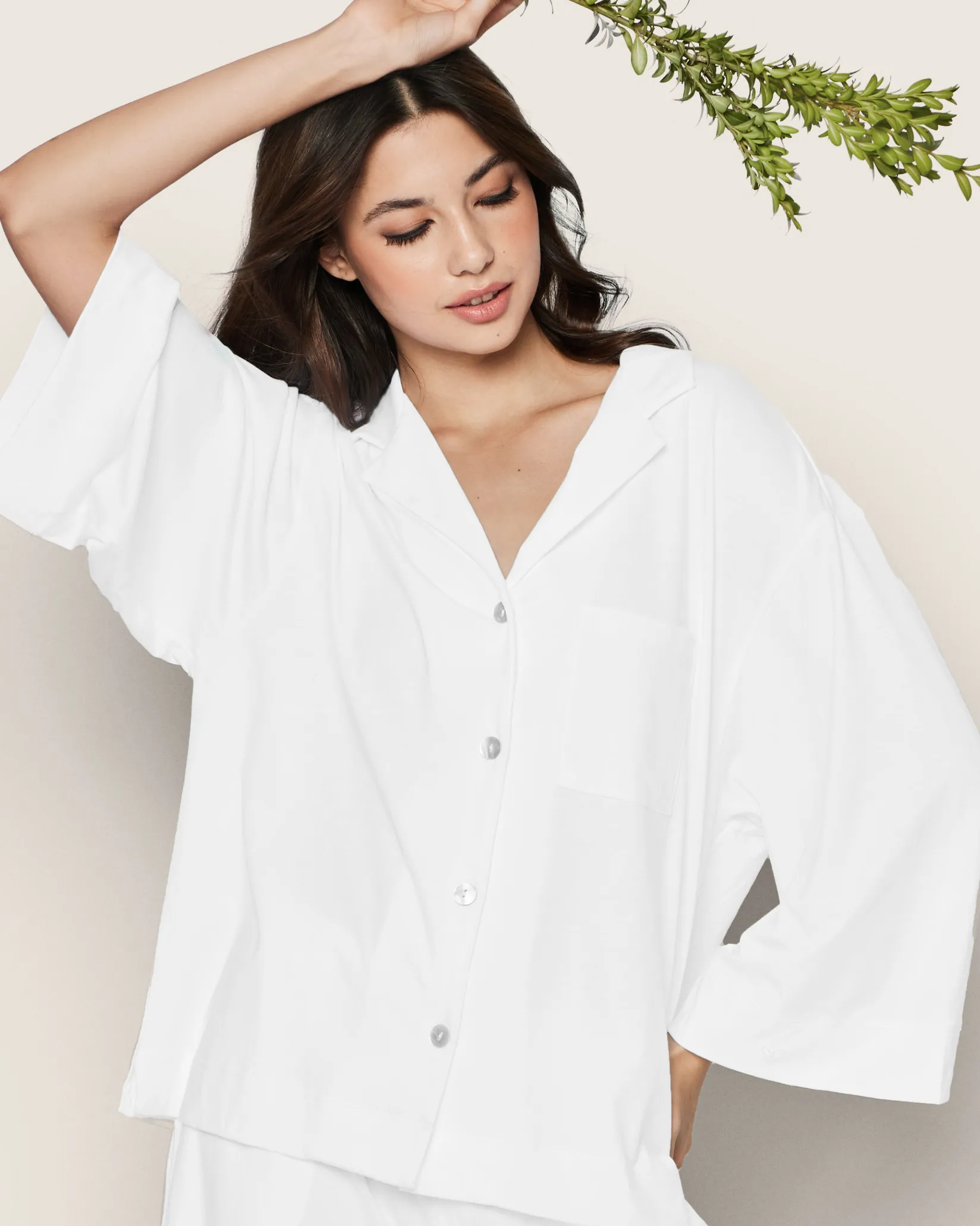 Women Petite Plume The Olivia Wide Leg Pima Pajama Set in White