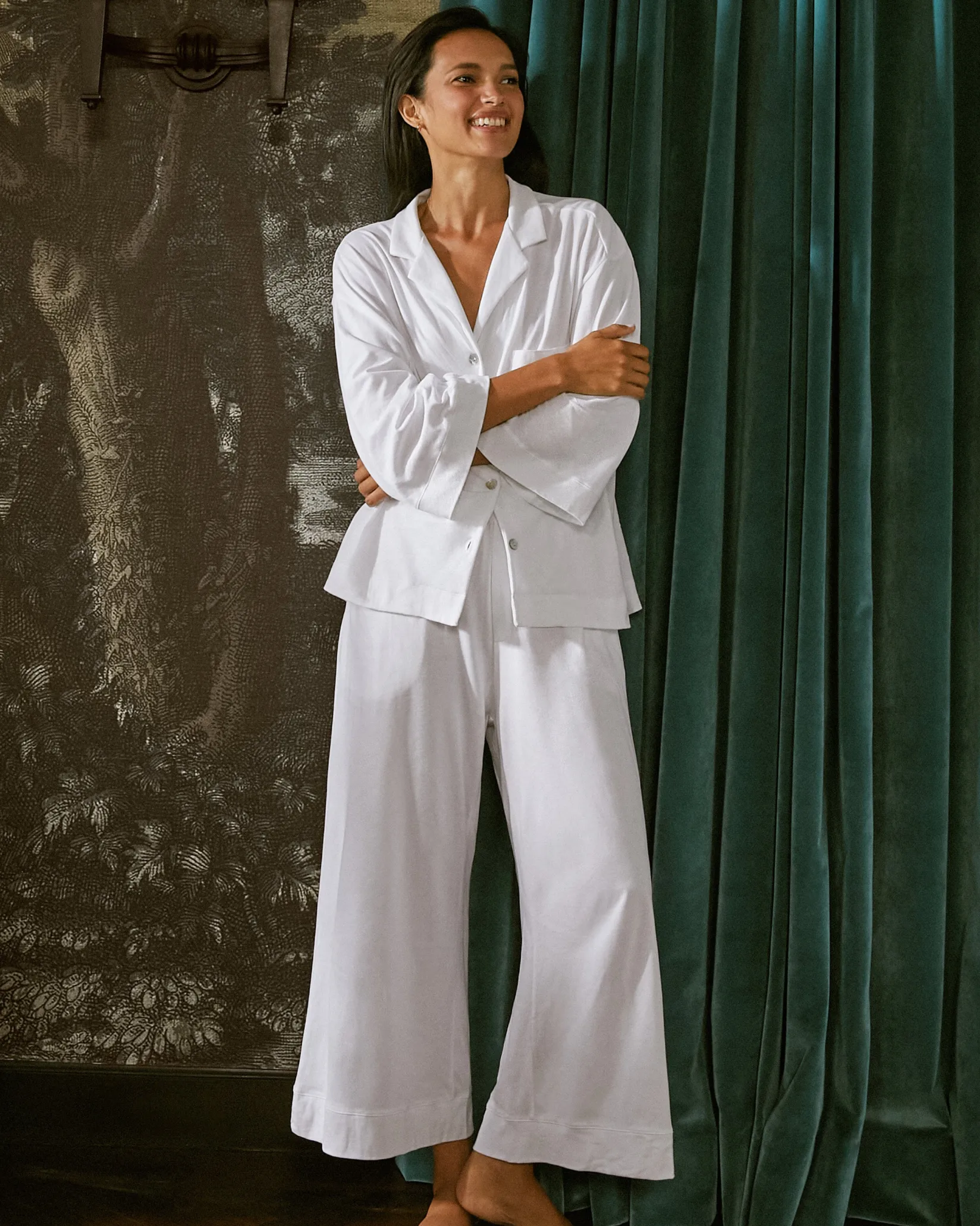 Women Petite Plume The Olivia Wide Leg Pima Pajama Set in White